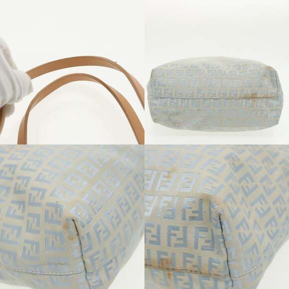 FENDI Zucchino Canvas Tote Bag Light Blue Brown Silver - Picture 10 of 12